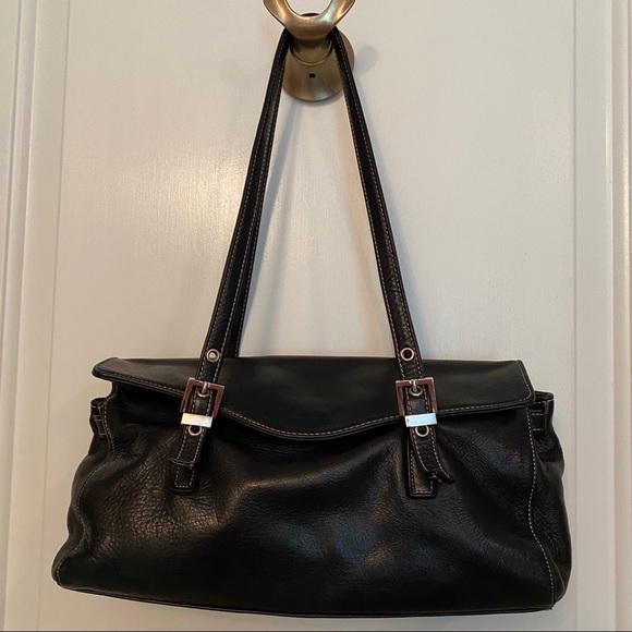 Perlina Handbags - PERLINA SHOULDER BAG SATCHEL BLACK LEATHER 2 STRAP FLAP CLOSE